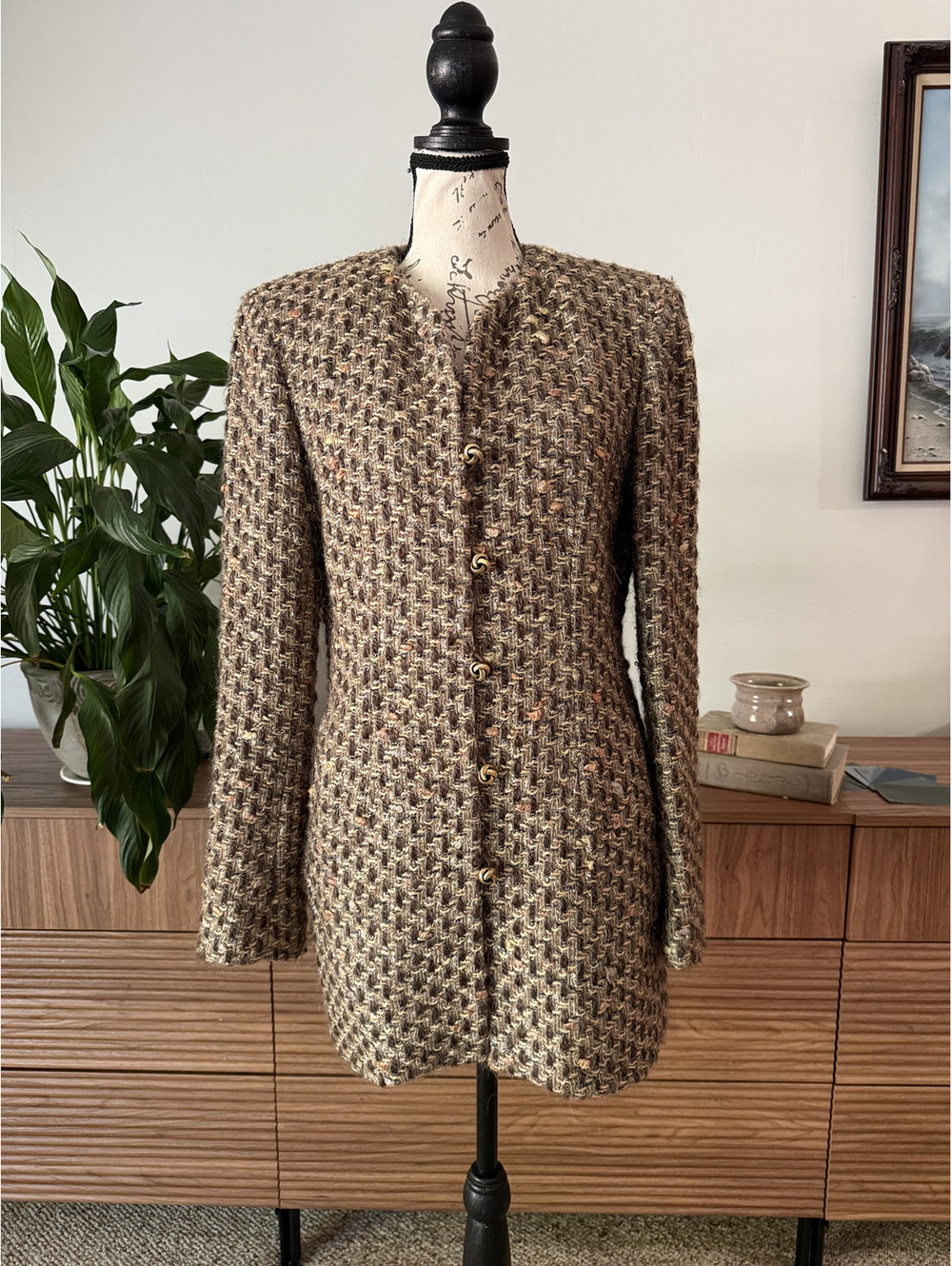 Vintage 80s 90s Carlisle Wool Mohair Tweed Jacket Gold Knot Buttons Size 4